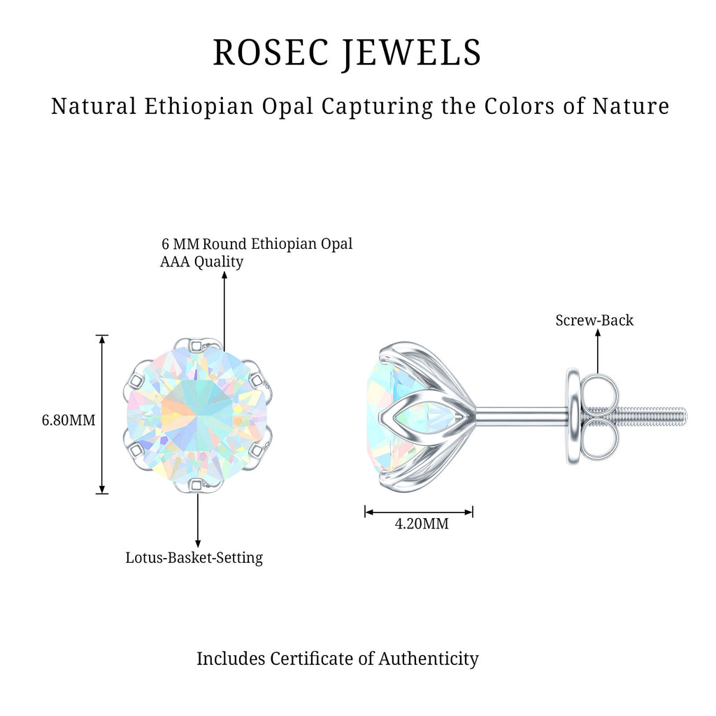 Ethiopian Opal Stud Earrings – 6mm Round AAA Quality Solitaire With Screw Back Closure