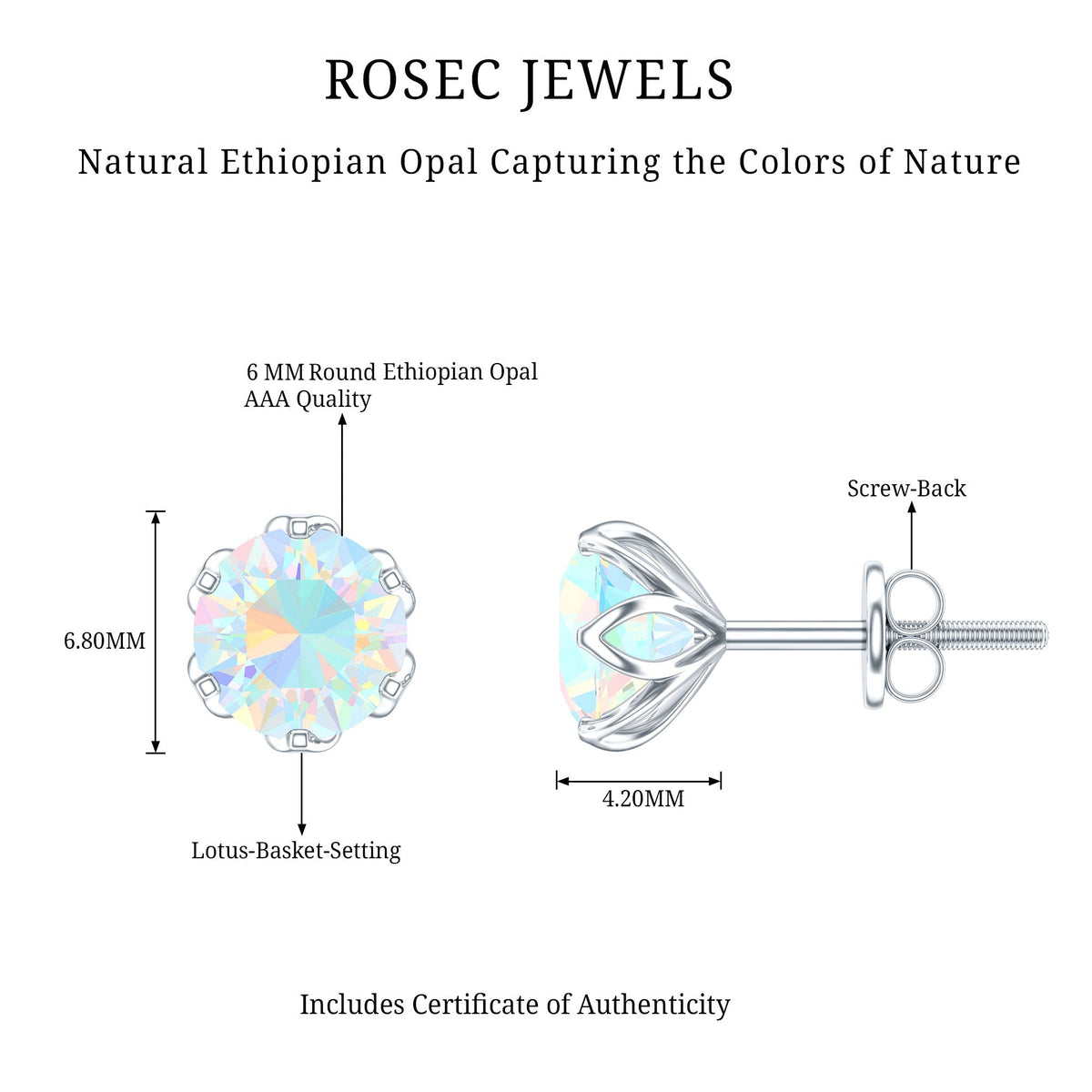 Ethiopian Opal Stud Earrings – 6mm Round AAA Quality Solitaire With Screw Back Closure