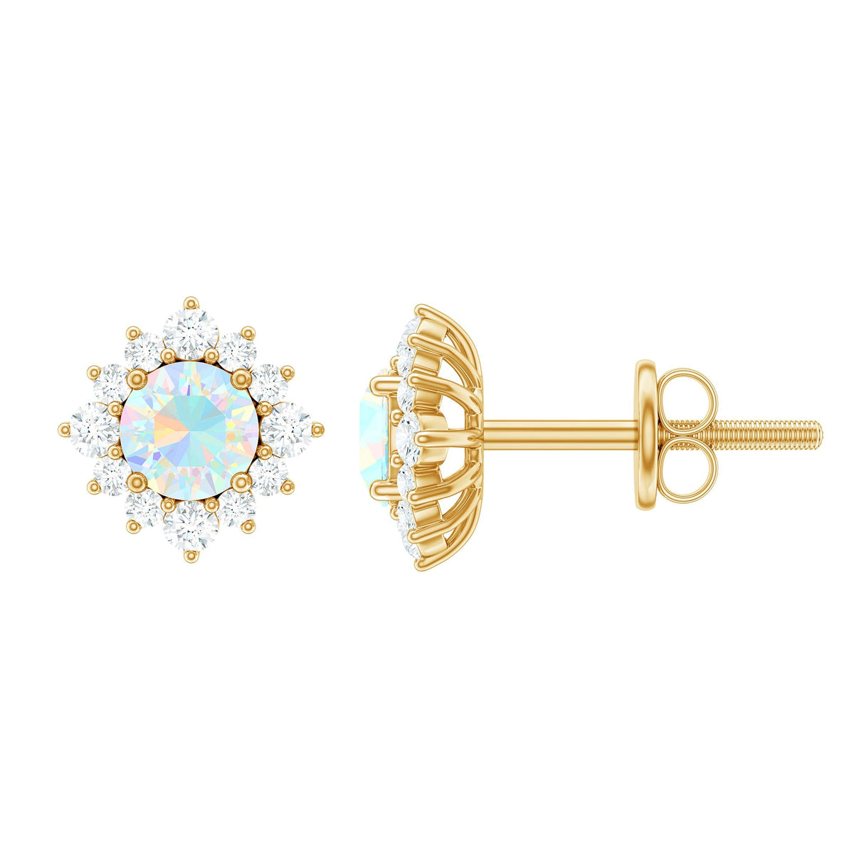 Ethiopian Opal Stud Earrings – Classic 4mm Opal Halo Studs with Diamond Accents