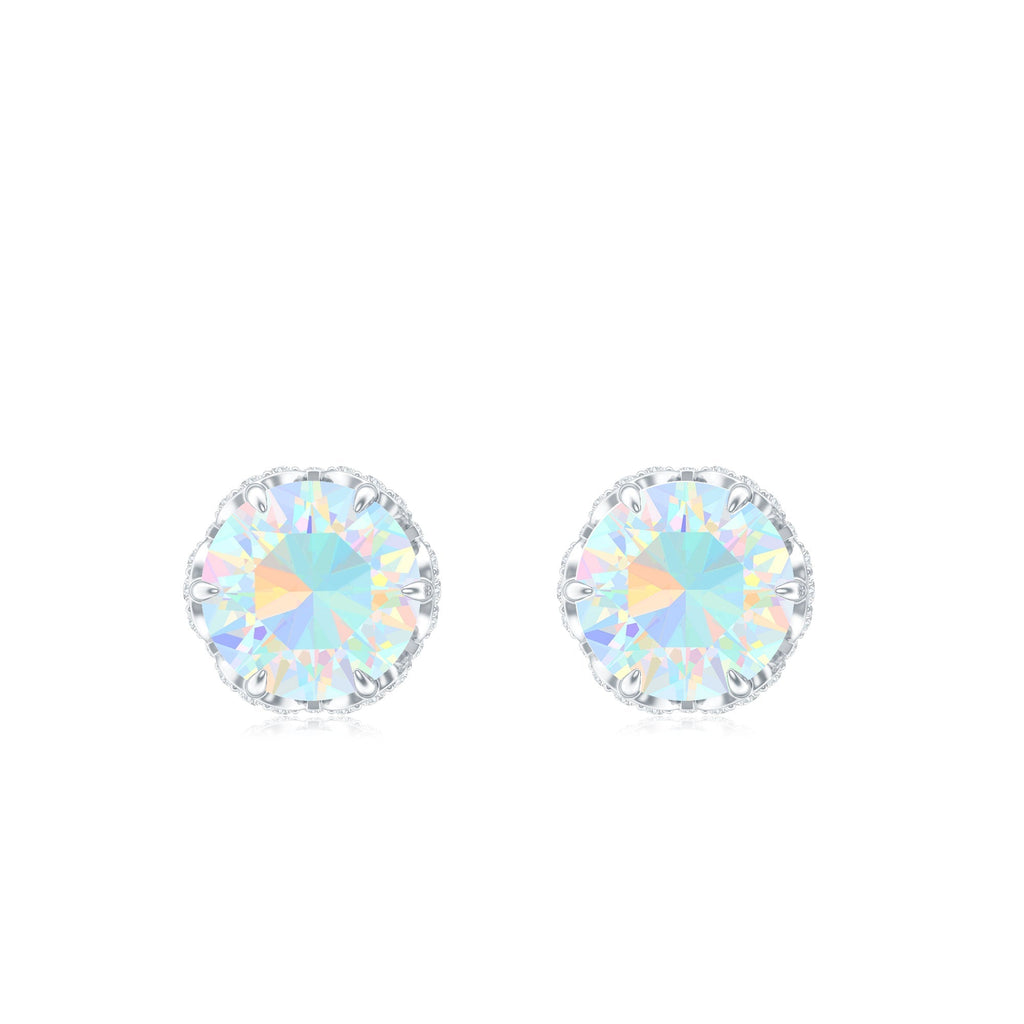 Ethiopian Opal Stud Earrings - Designer 5mm Opal Earrings with Diamond Accents