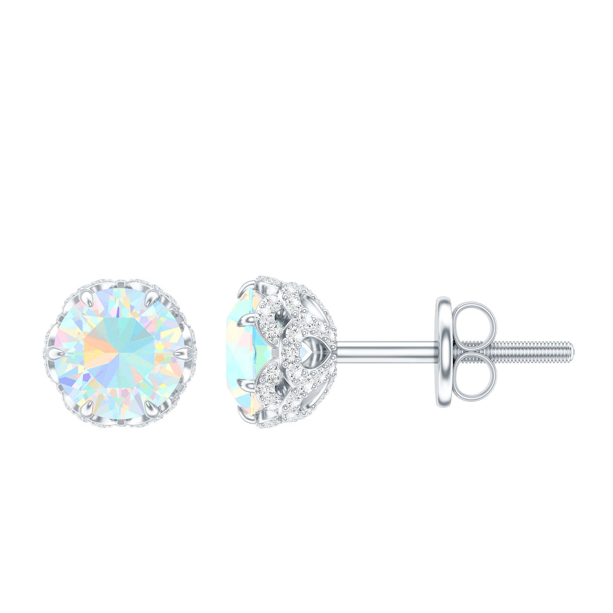 Ethiopian Opal Stud Earrings - Designer 5mm Opal Earrings with Diamond Accents
