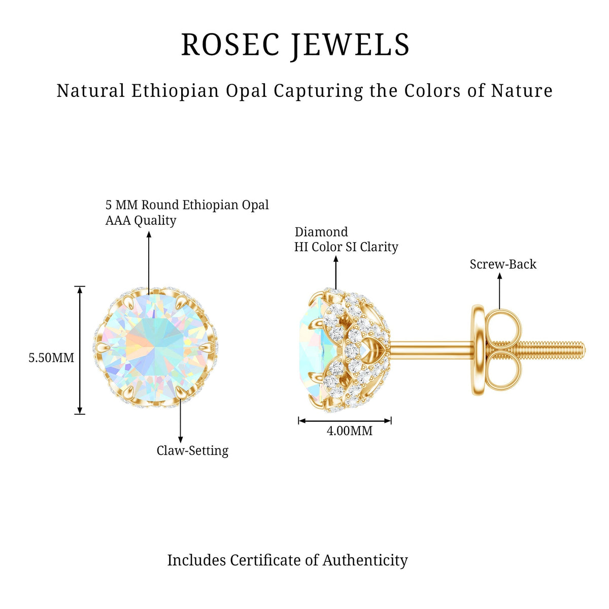 Ethiopian Opal Stud Earrings - Designer 5mm Opal Earrings with Diamond Accents