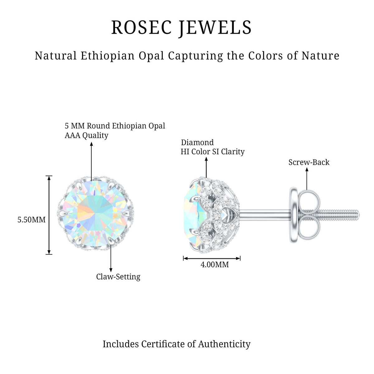 Ethiopian Opal Stud Earrings - Designer 5mm Opal Earrings with Diamond Accents