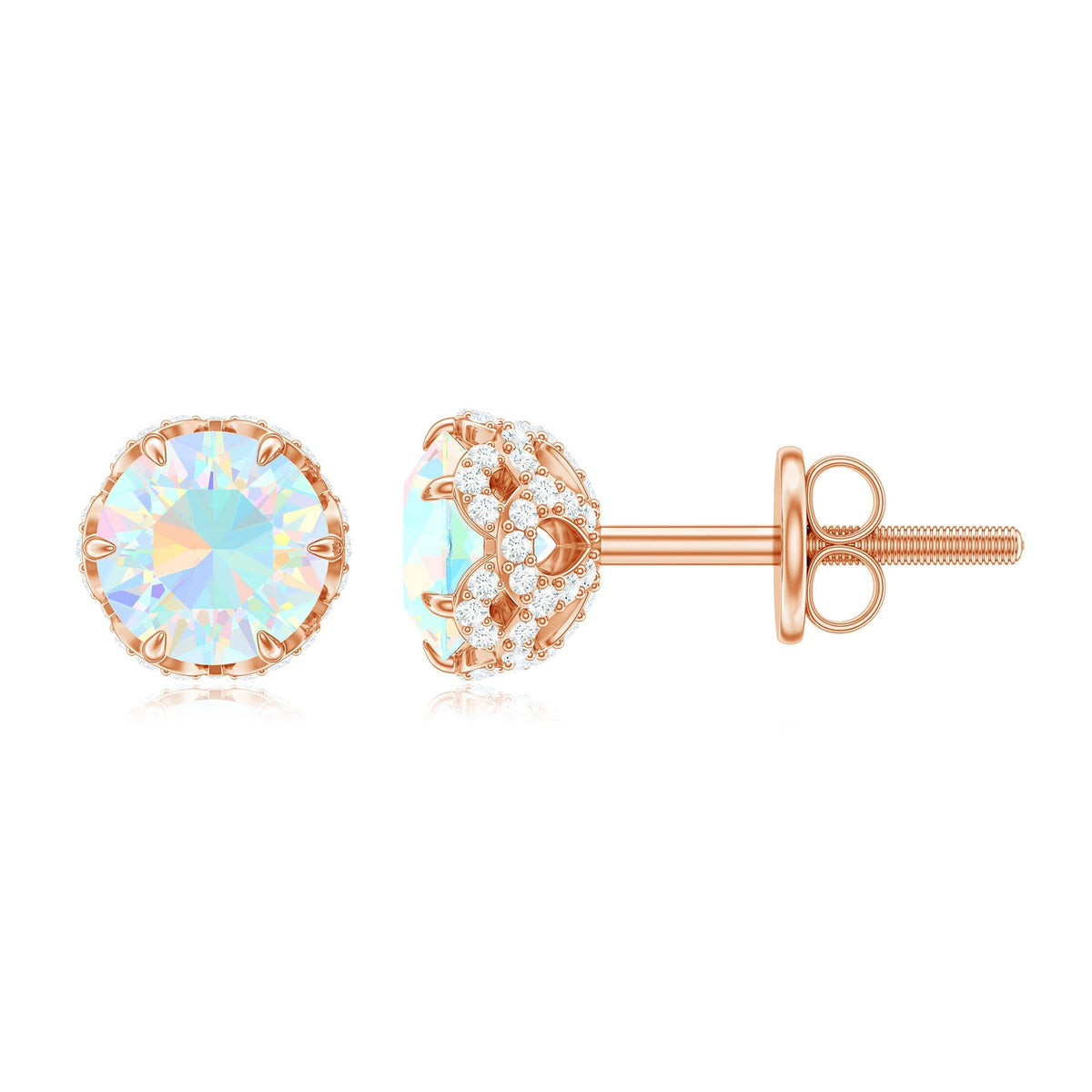 Ethiopian Opal Stud Earrings - Designer 5mm Opal Earrings with Diamond Accents