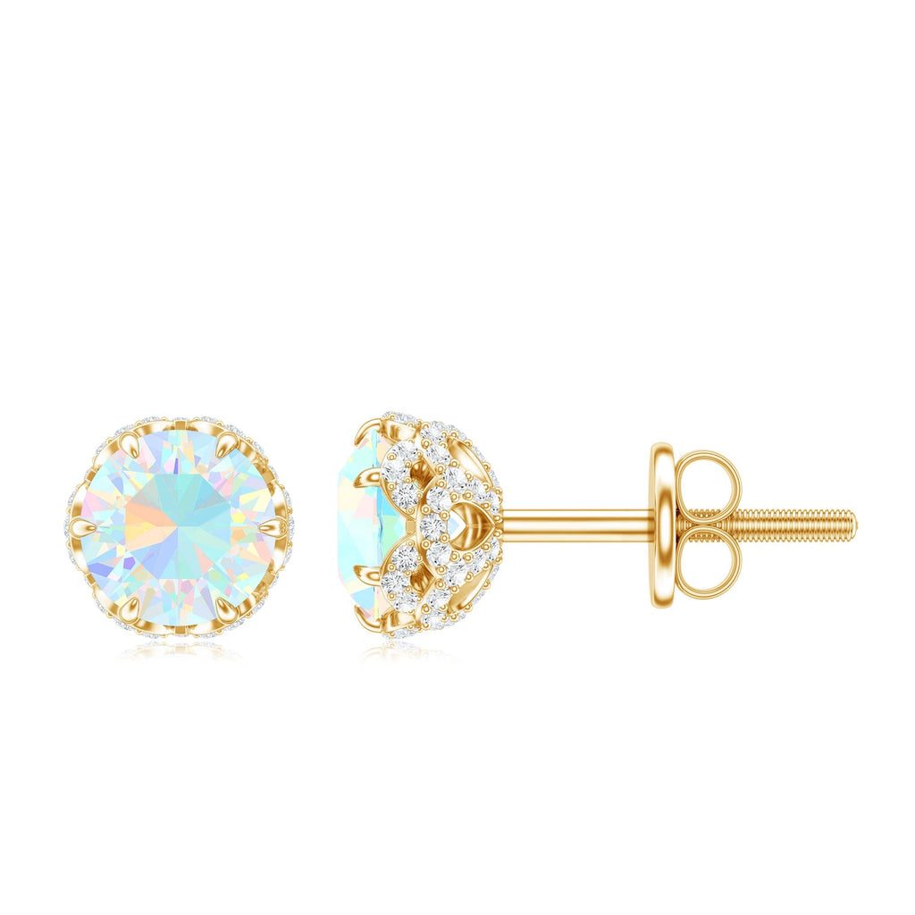 Ethiopian Opal Stud Earrings - Designer 5mm Opal Earrings with Diamond Accents