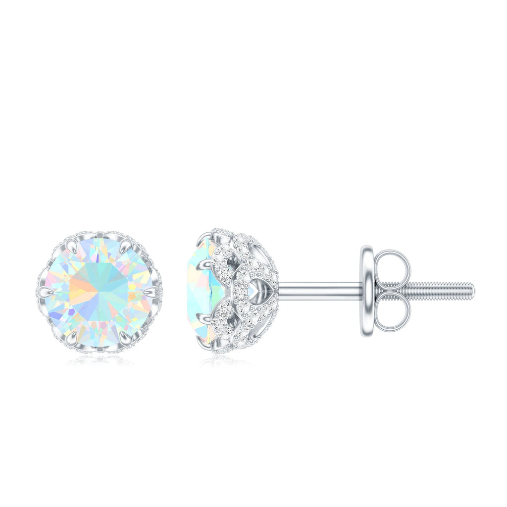 Ethiopian Opal Stud Earrings - Designer 5mm Opal Earrings with Diamond Accents