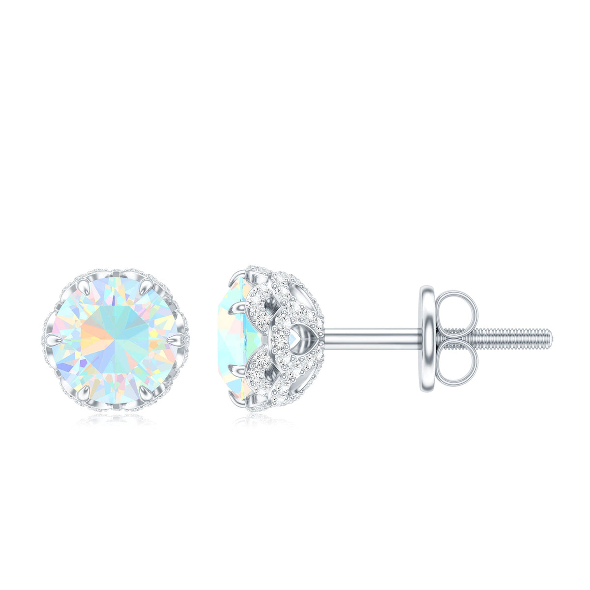 Ethiopian Opal Stud Earrings - Designer 5mm Opal Earrings with Diamond Accents