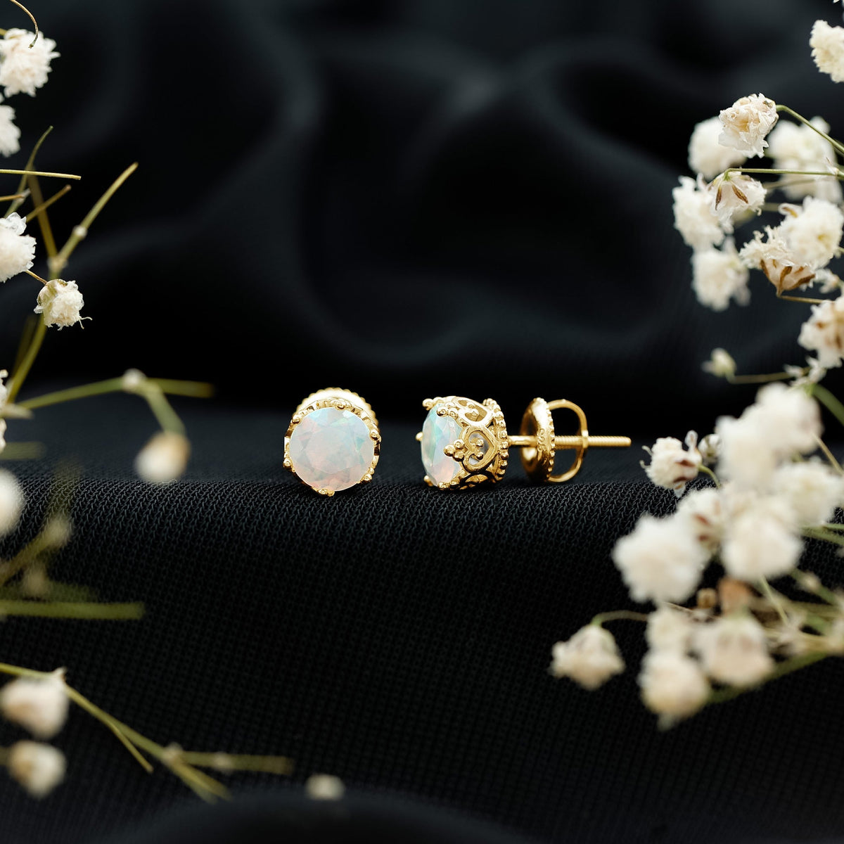 Ethiopian Opal Stud Earrings – Natural Opal Crown Earrings with Secure Screw Back
