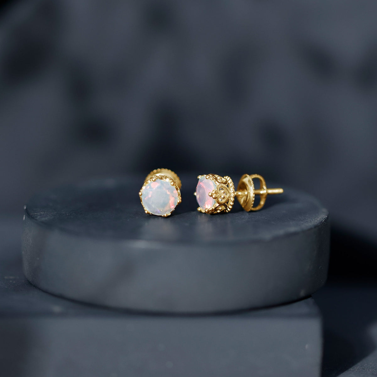 Ethiopian Opal Stud Earrings – Natural Opal Crown Earrings with Secure Screw Back