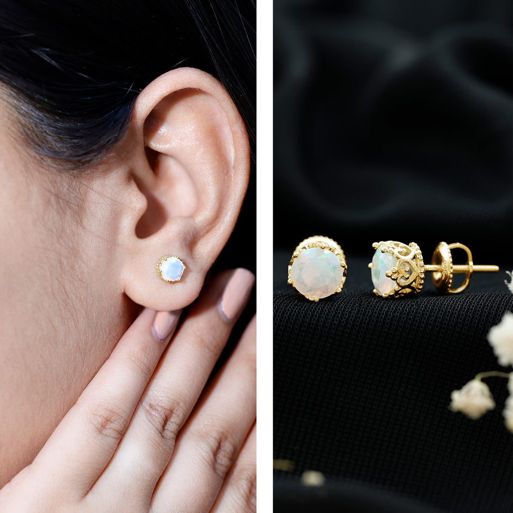 Ethiopian Opal Stud Earrings – Natural Opal Crown Earrings with Secure Screw Back