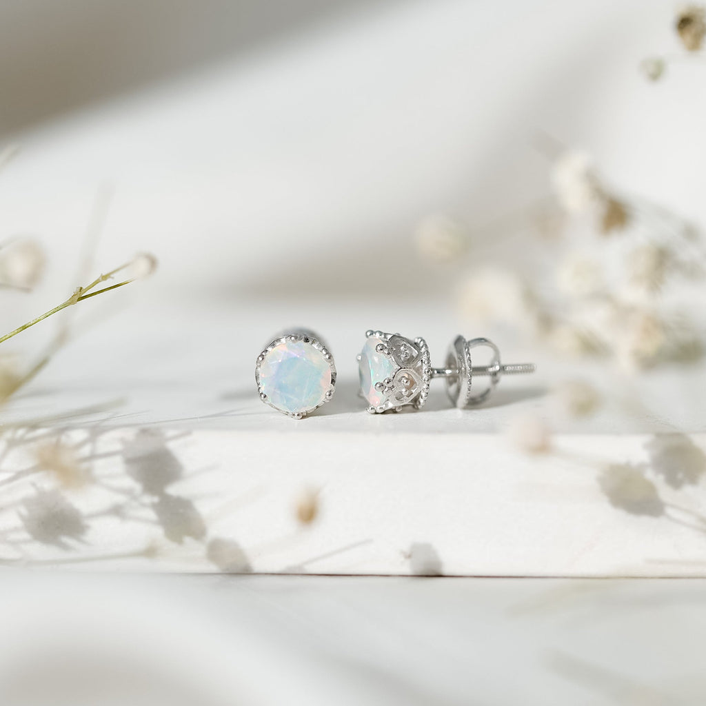 Ethiopian Opal Stud Earrings – Natural Opal Crown Earrings with Secure Screw Back
