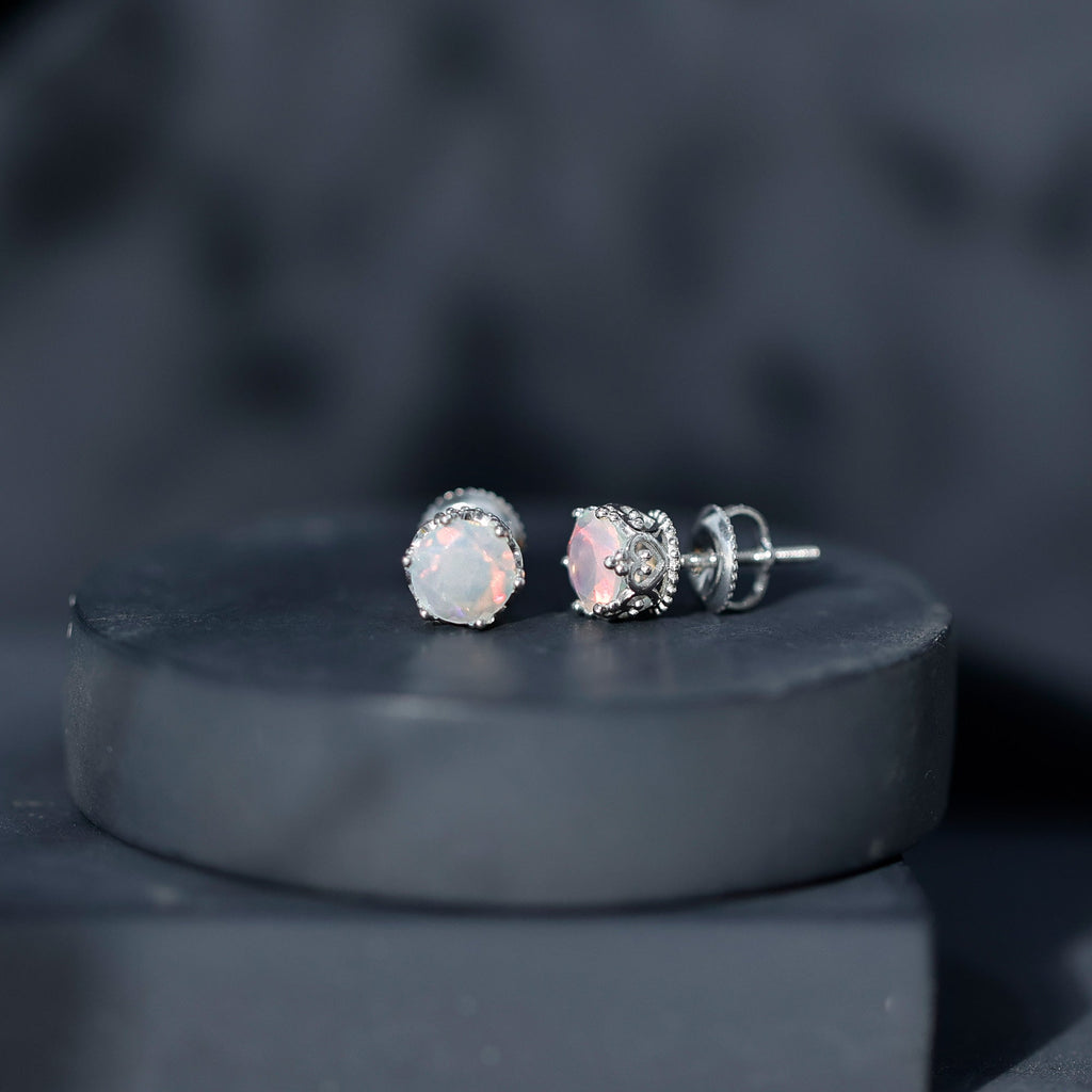 Ethiopian Opal Stud Earrings – Natural Opal Crown Earrings with Secure Screw Back