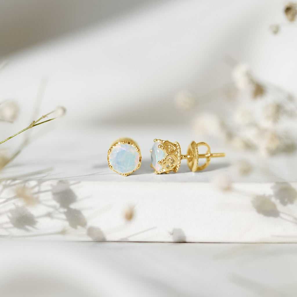 Ethiopian Opal Stud Earrings – Natural Opal Crown Earrings with Secure Screw Back