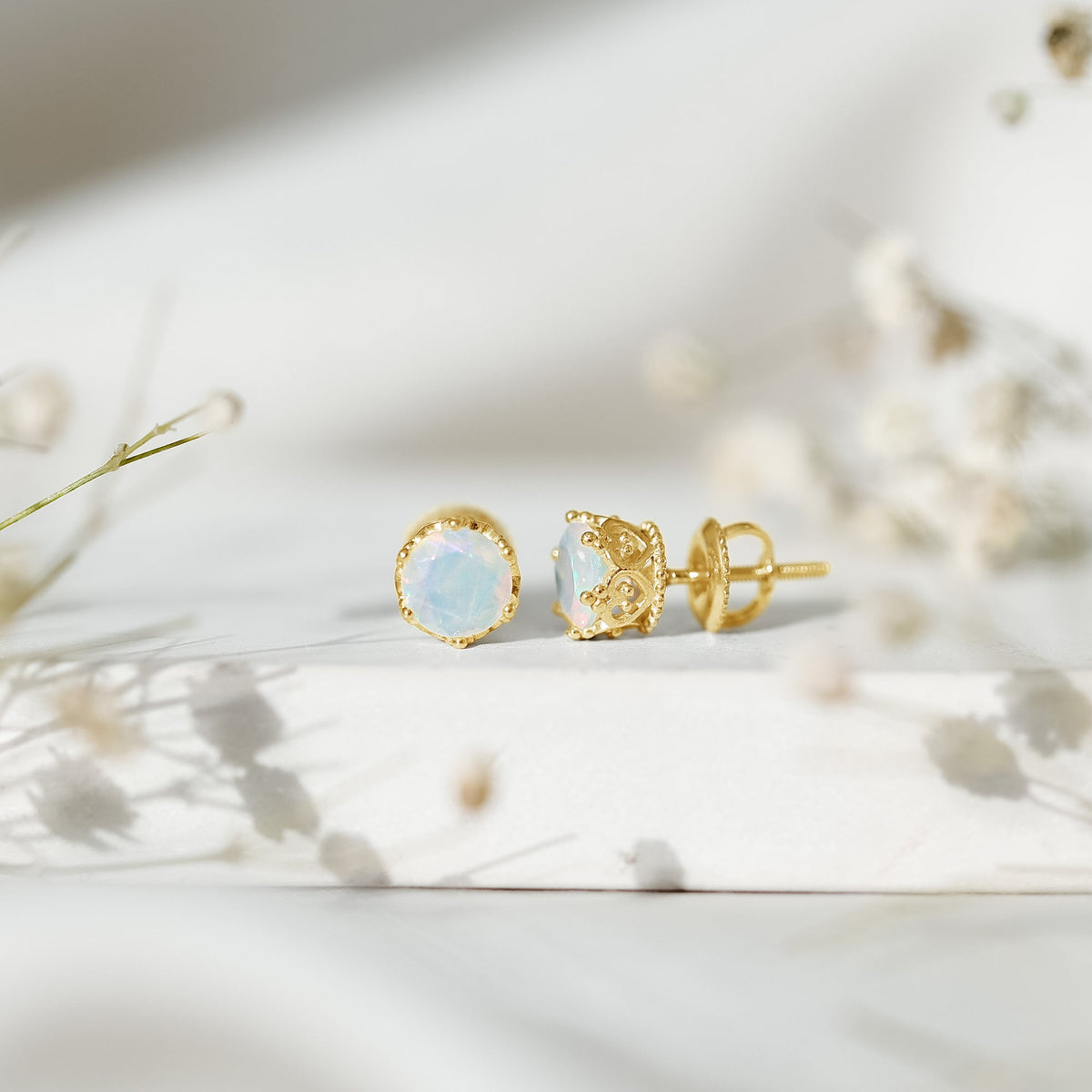 Ethiopian Opal Stud Earrings – Natural Opal Crown Earrings with Secure Screw Back