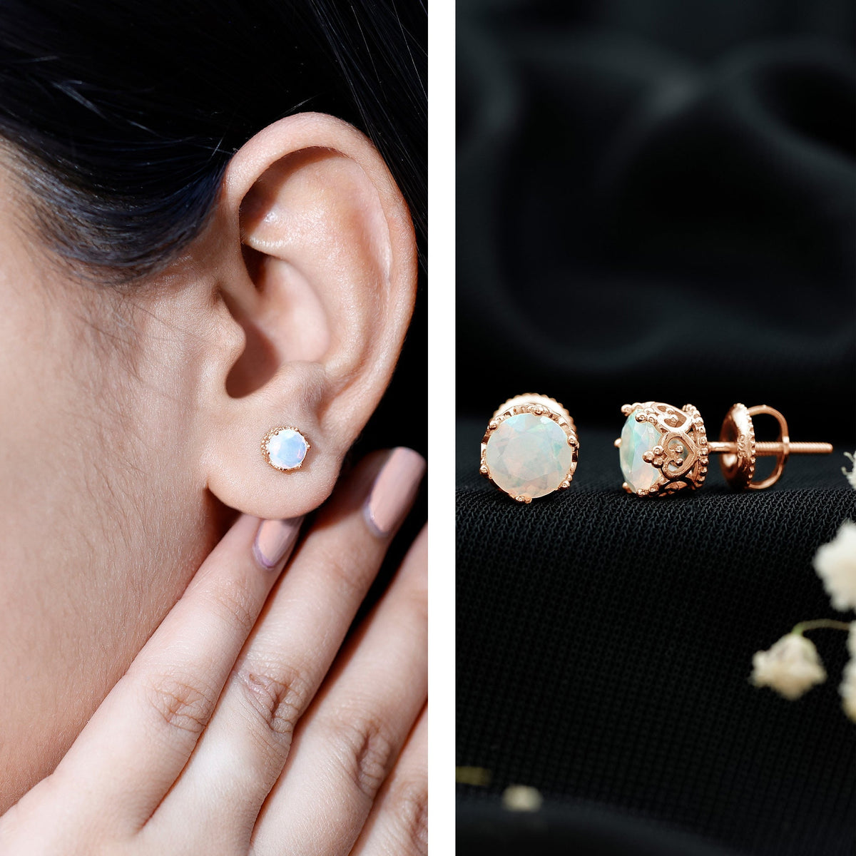 Ethiopian Opal Stud Earrings – Natural Opal Crown Earrings with Secure Screw Back