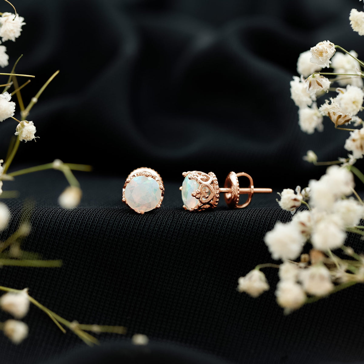 Ethiopian Opal Stud Earrings – Natural Opal Crown Earrings with Secure Screw Back