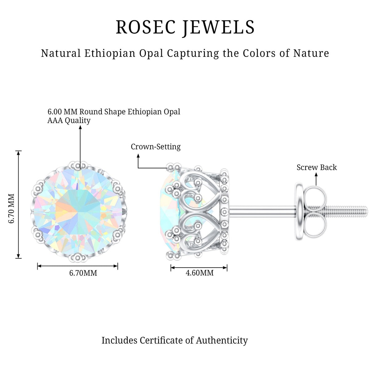 Ethiopian Opal Stud Earrings – Natural Opal Crown Earrings with Secure Screw Back