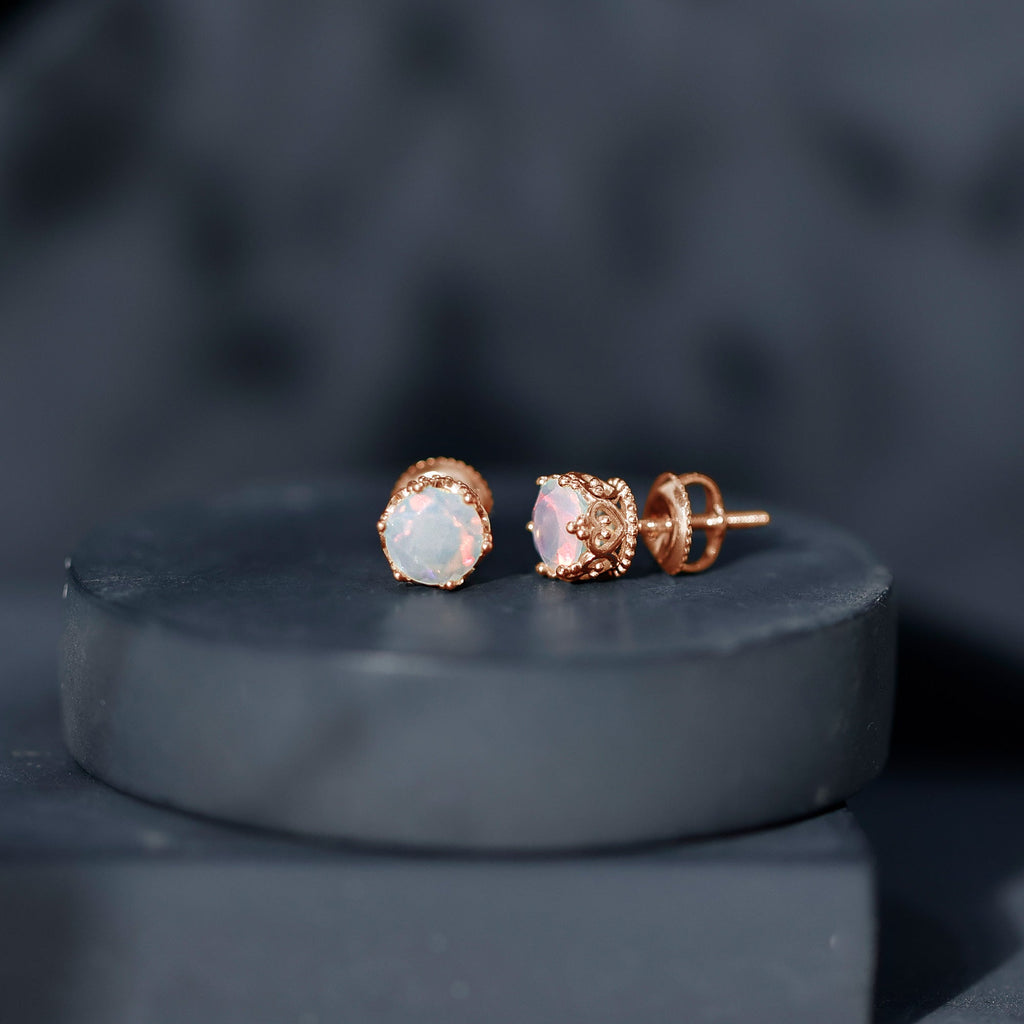 Ethiopian Opal Stud Earrings – Natural Opal Crown Earrings with Secure Screw Back
