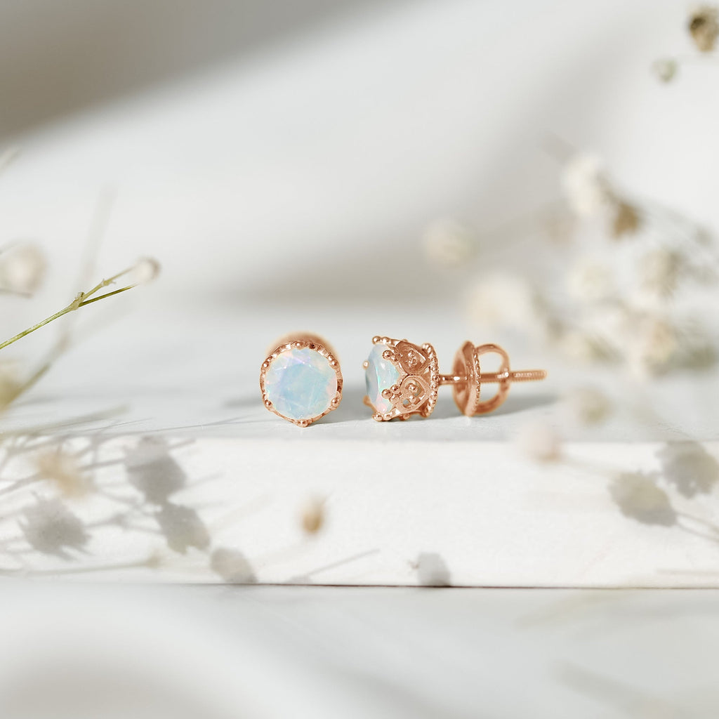 Ethiopian Opal Stud Earrings – Natural Opal Crown Earrings with Secure Screw Back