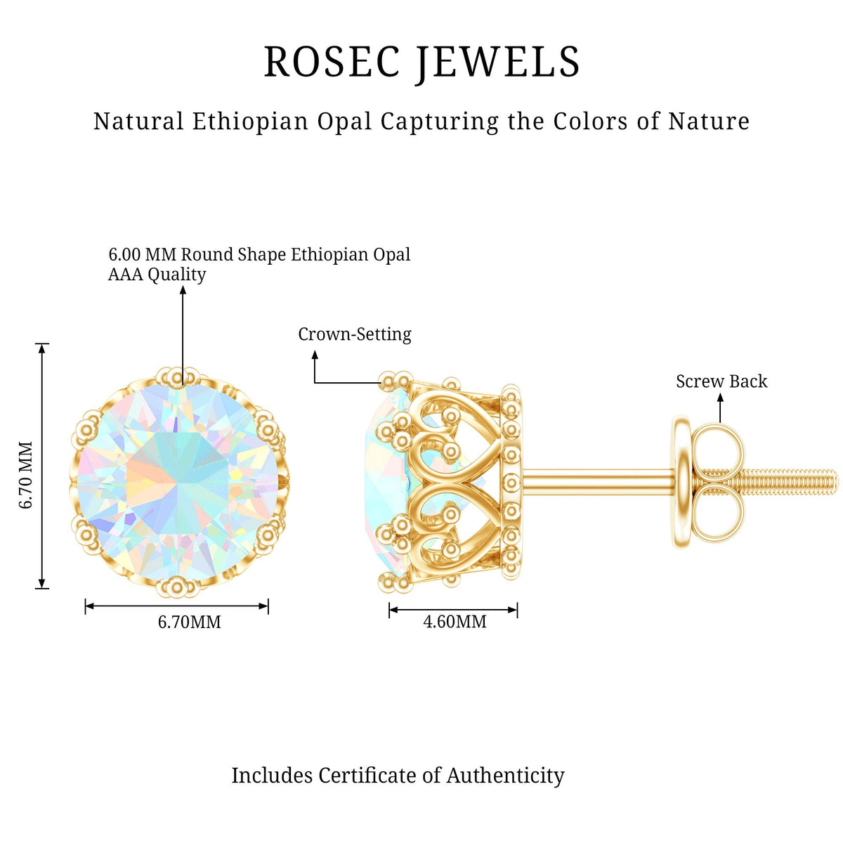 Ethiopian Opal Stud Earrings – Natural Opal Crown Earrings with Secure Screw Back