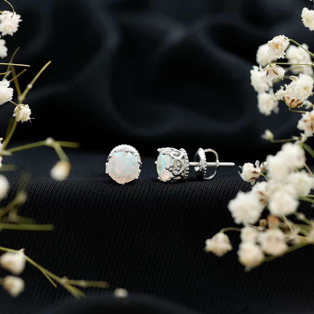 Ethiopian Opal Stud Earrings – Natural Opal Crown Earrings with Secure Screw Back