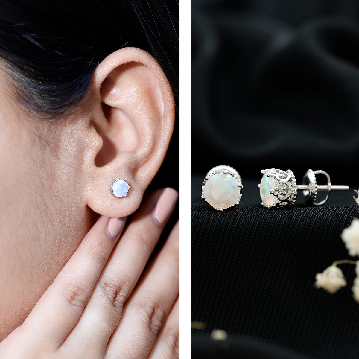 Ethiopian Opal Stud Earrings – Natural Opal Crown Earrings with Secure Screw Back