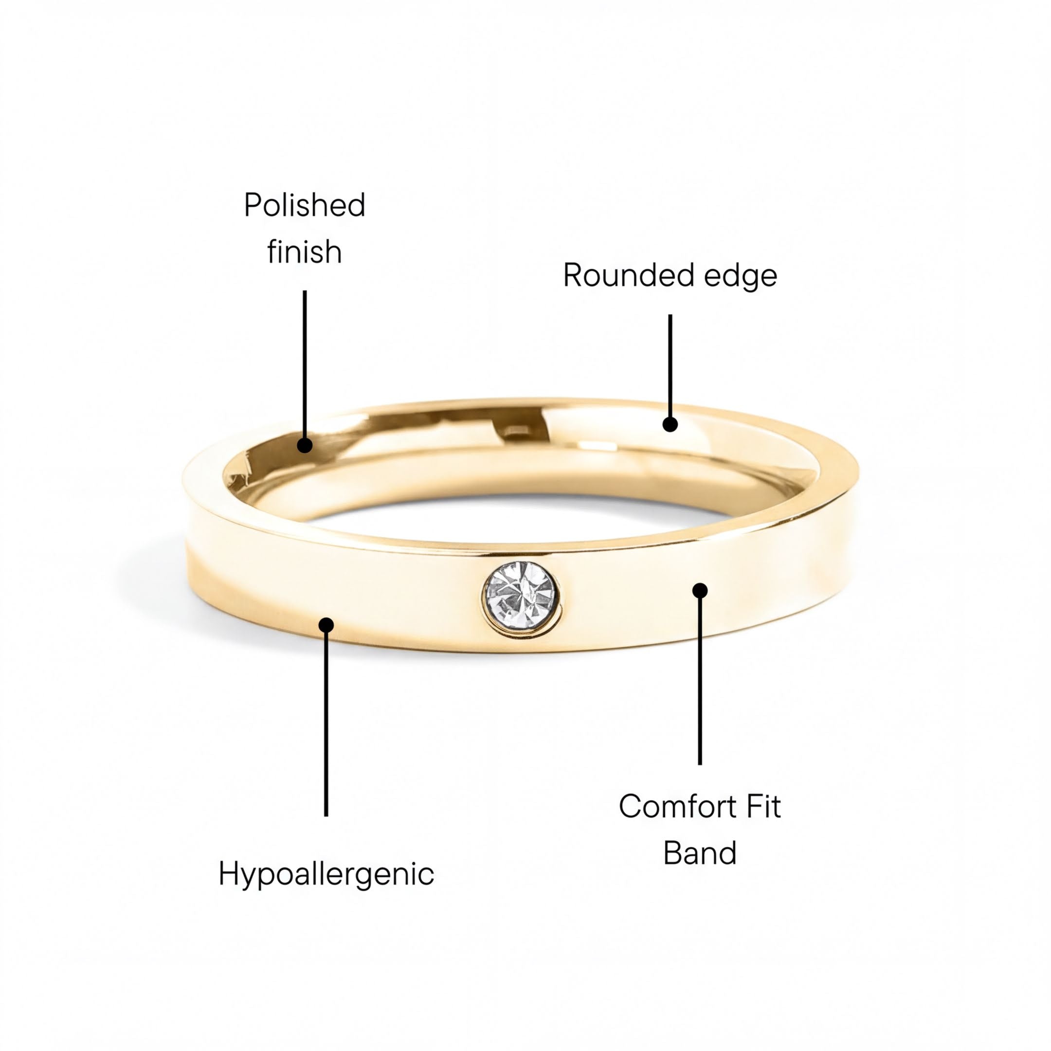 The image is a detailed diagram of a gold ring with a diamond set in the center, labeled with various features such as polished finish, rounded edge, comfort fit band, and hypoallergenic.