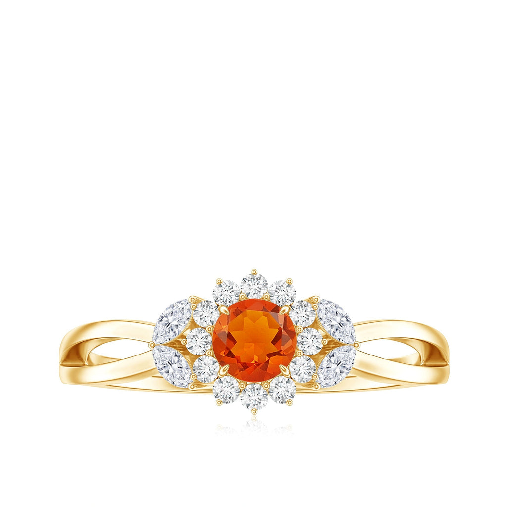 Fire Opal and Diamond Flower Engagement Ring with Split Shank