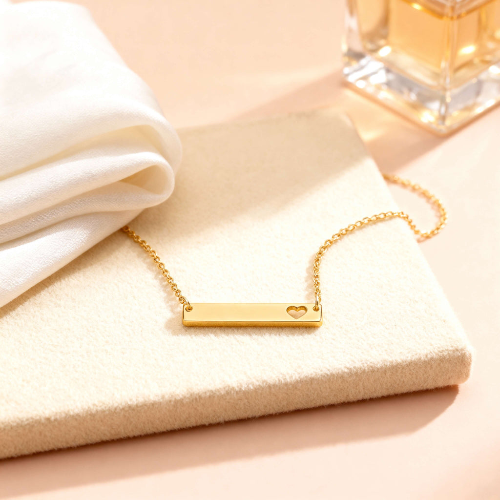 Cutout Heart Bar Necklace – Engraved Bar Jewelry | Durable Gold Stainless Steel