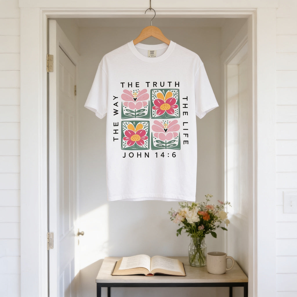 Floral Scripture Tee – Christian T-Shirt With John 14 6 Bible Verse Design - T-Shirt | Sunflower Soul Boutique