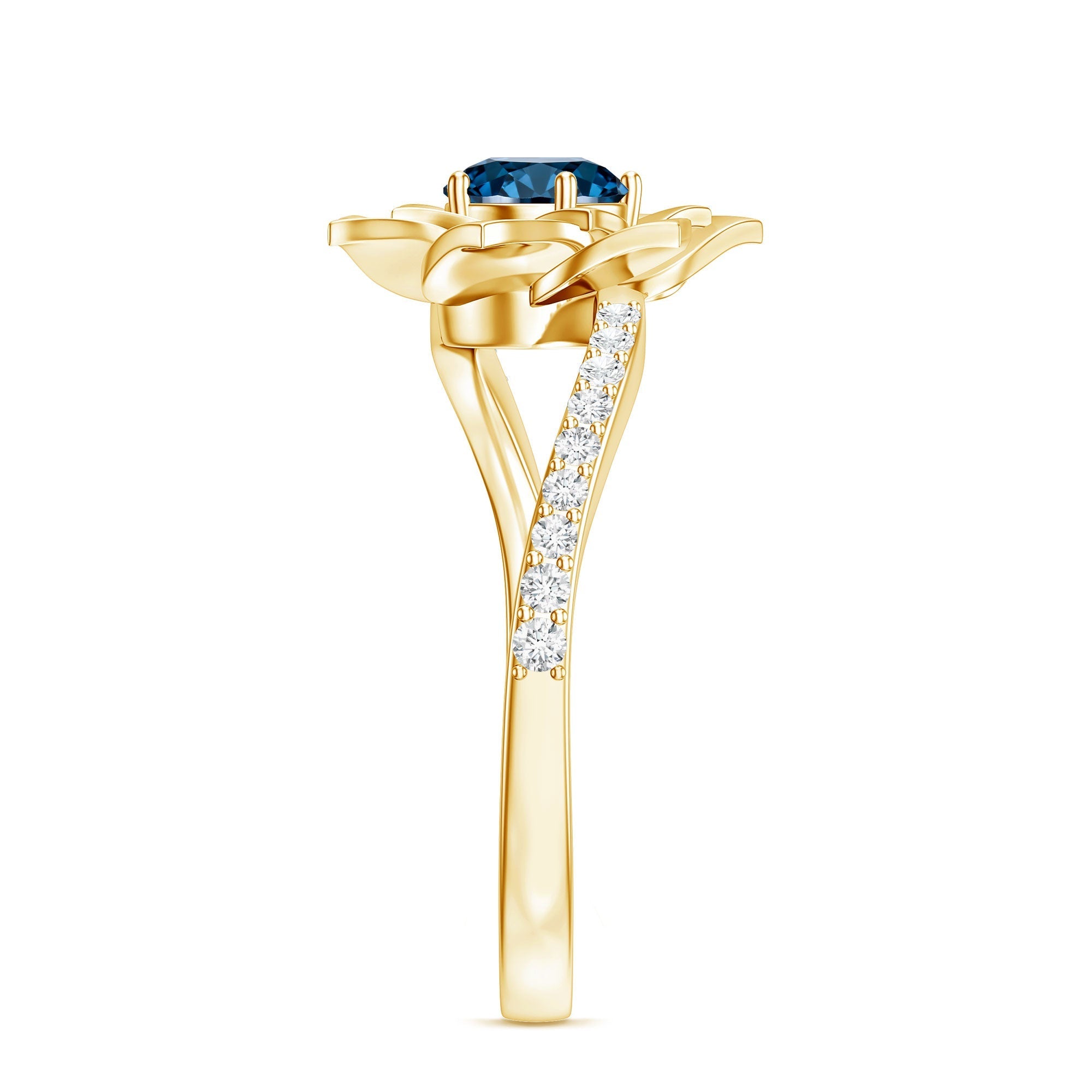Flower Inspired London Blue Topaz Rose Engagement Ring with Diamond