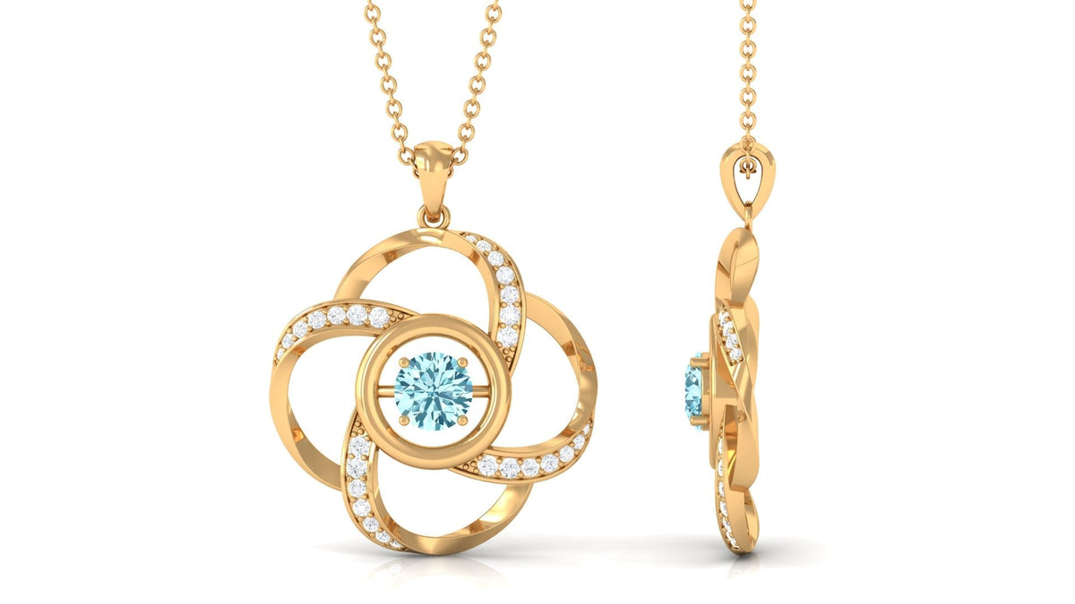 Flower Pendant Necklace – Modern Pendant Design with Round Aquamarine Gem & Diamonds