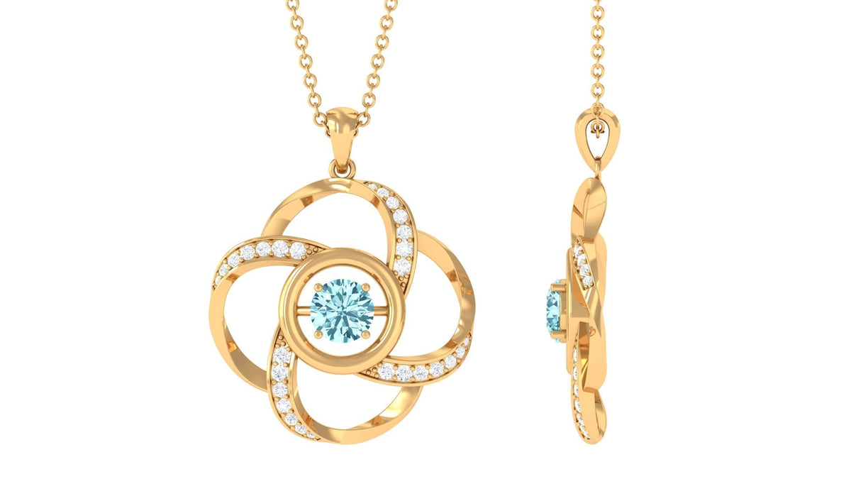 Flower Pendant Necklace – Modern Pendant Design with Round Aquamarine Gem & Diamonds