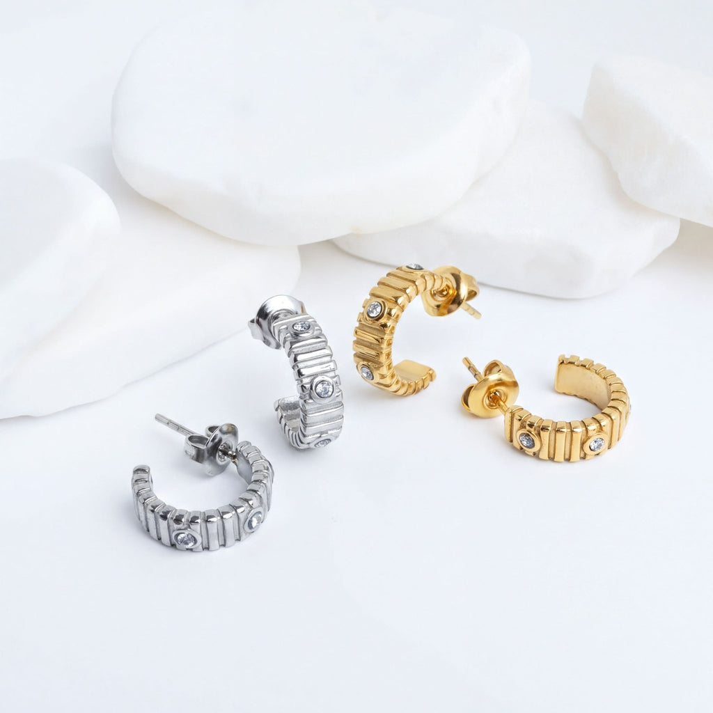 Fluted Huggie Earrings – Lightweight Gold Hoop Earrings | Stone Studded Sparkle - Earrings | Sunflower Soul Boutique