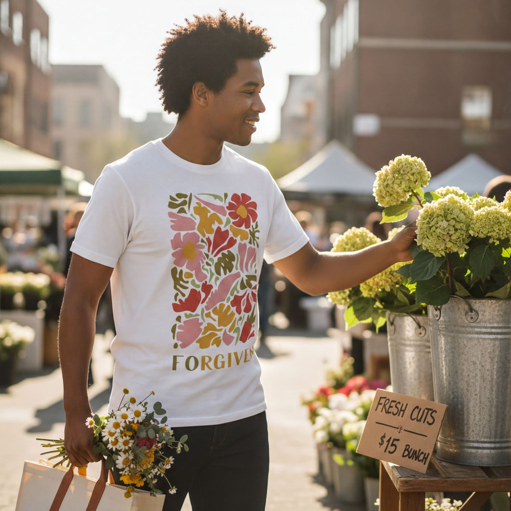 Forgiven TShirt – Vibrant Floral Print Unisex Cotton Tee With Message Of Grace - T-Shirt | Sunflower Soul Boutique