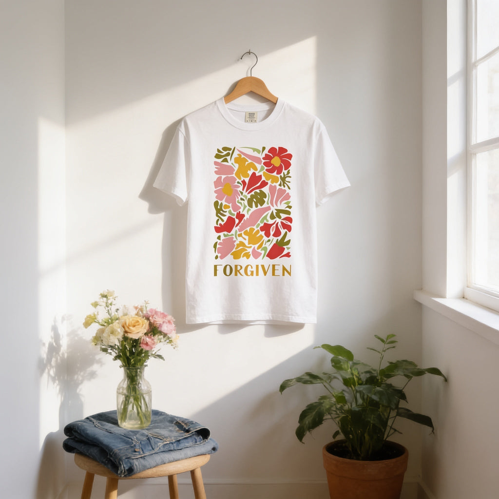 Forgiven TShirt – Vibrant Floral Print Unisex Cotton Tee With Message Of Grace - T-Shirt | Sunflower Soul Boutique