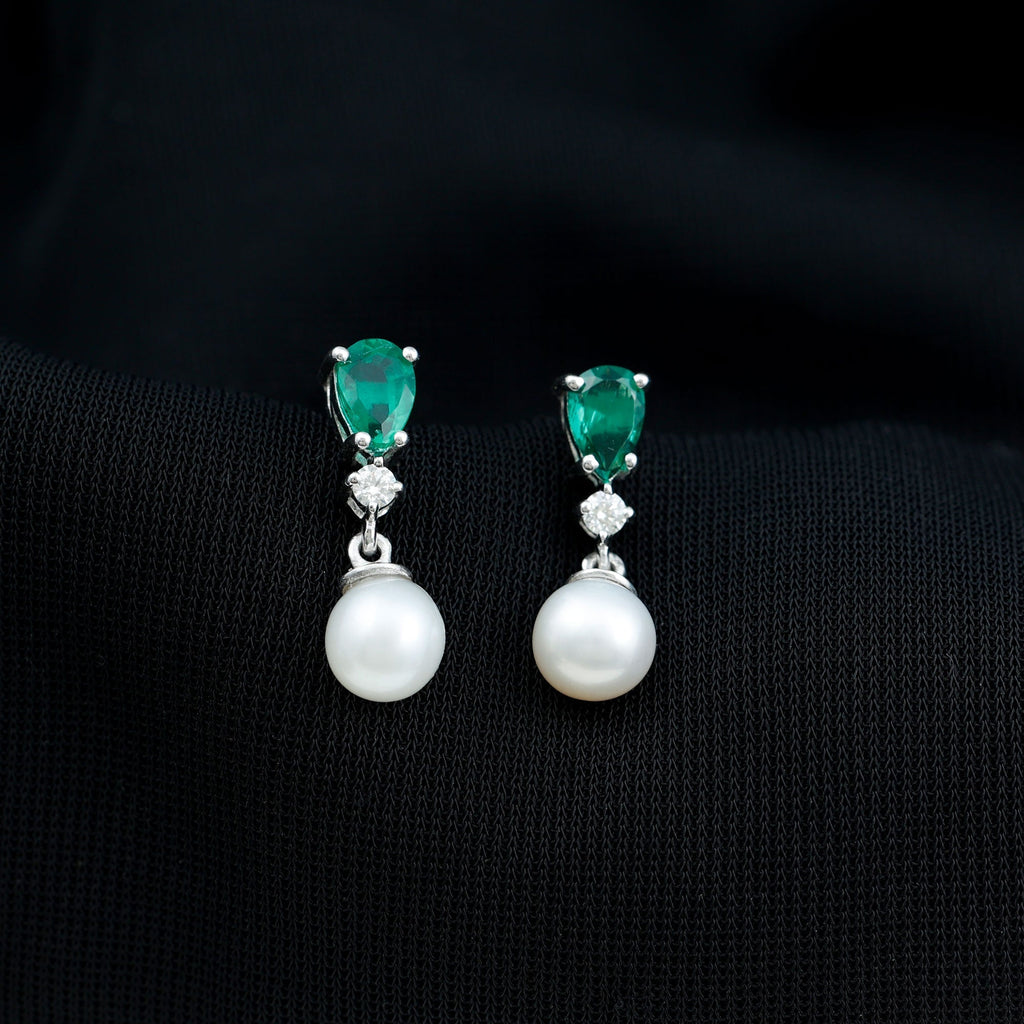 Freshwater Pearl Earrings - Emerald Dangle With Moissanite Accent Stones