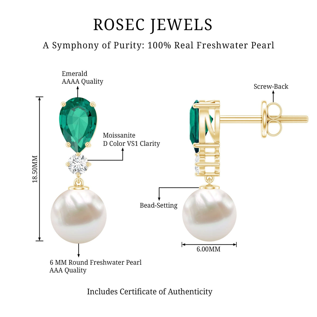 Freshwater Pearl Earrings - Emerald Dangle With Moissanite Accent Stones