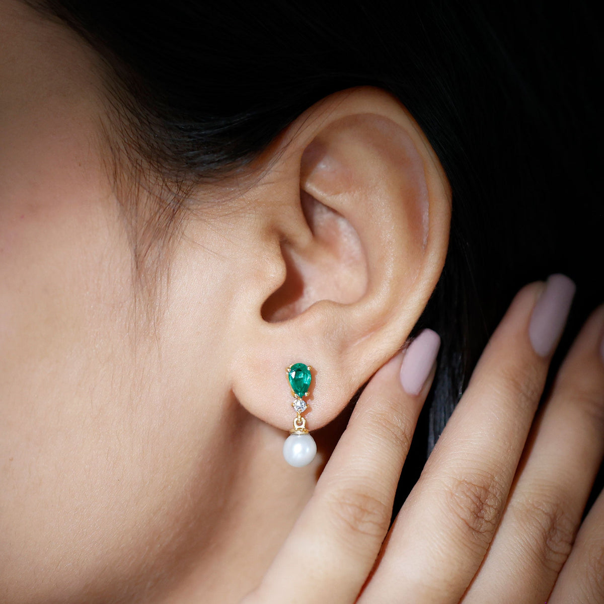 Freshwater Pearl Earrings - Emerald Dangle With Moissanite Accent Stones