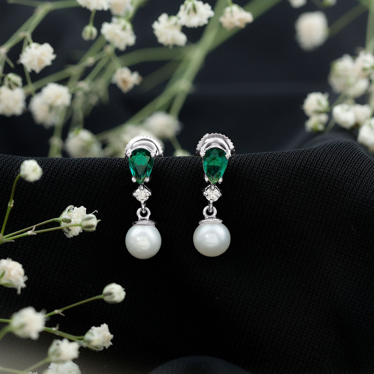 Freshwater Pearl Earrings - Emerald Dangle With Moissanite Accent Stones