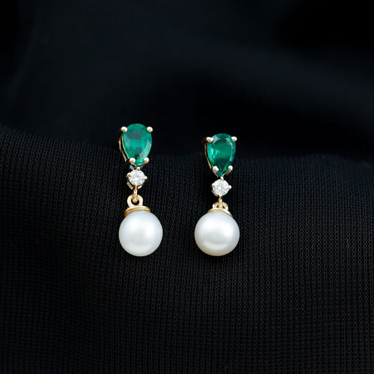 Freshwater Pearl Earrings - Emerald Dangle With Moissanite Accent Stones
