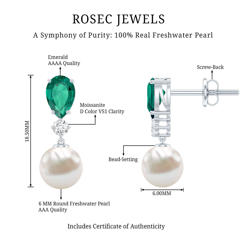 Freshwater Pearl Earrings - Emerald Dangle With Moissanite Accent Stones
