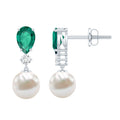 Freshwater Pearl Earrings - Emerald Dangle With Moissanite Accent Stones