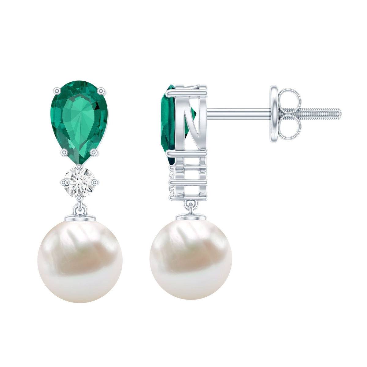 Freshwater Pearl Earrings - Emerald Dangle With Moissanite Accent Stones