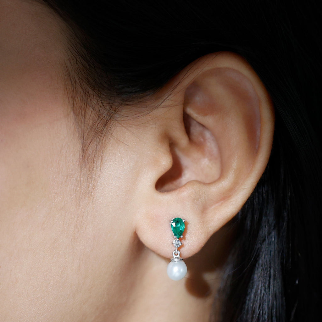Freshwater Pearl Earrings - Emerald Dangle With Moissanite Accent Stones