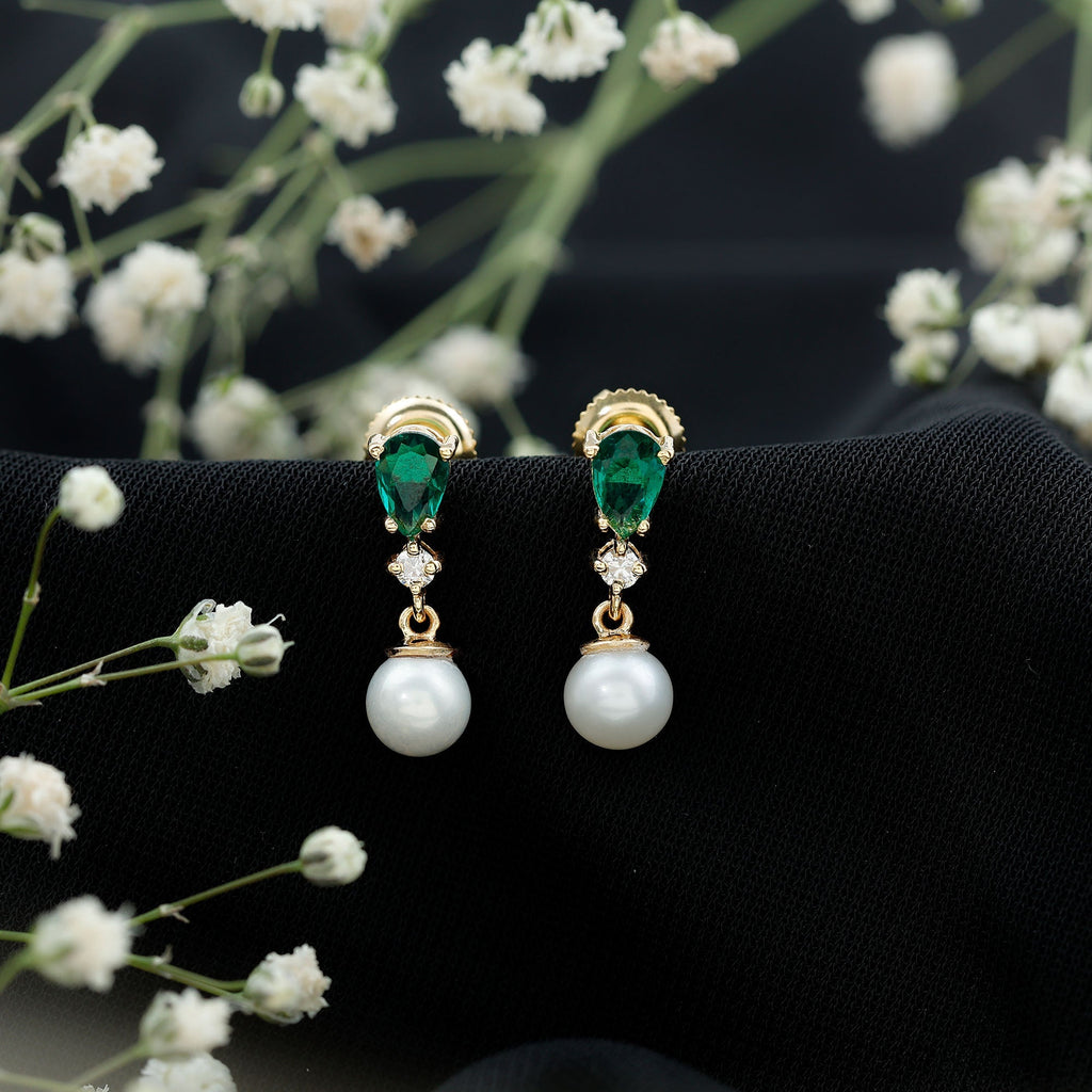 Freshwater Pearl Earrings - Emerald Dangle With Moissanite Accent Stones