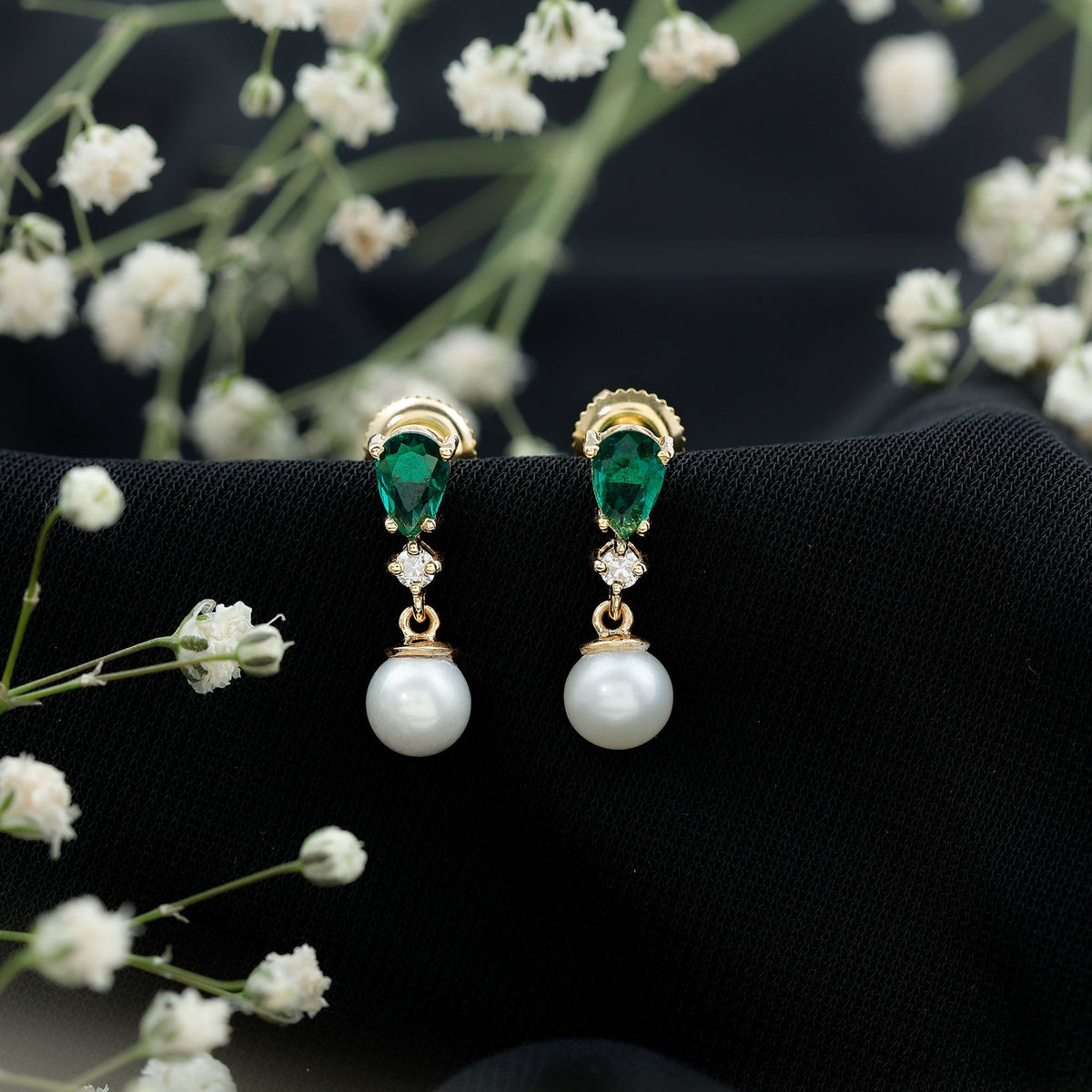 Freshwater Pearl Earrings - Emerald Dangle With Moissanite Accent Stones