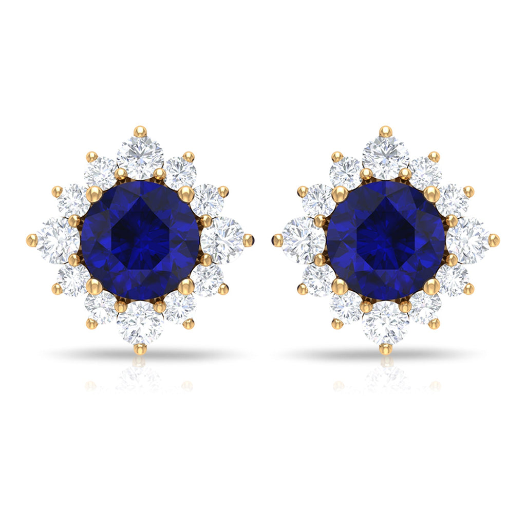 Genuine 0.8 Carat Blue Sapphire Stud Earrings with Diamond Halo