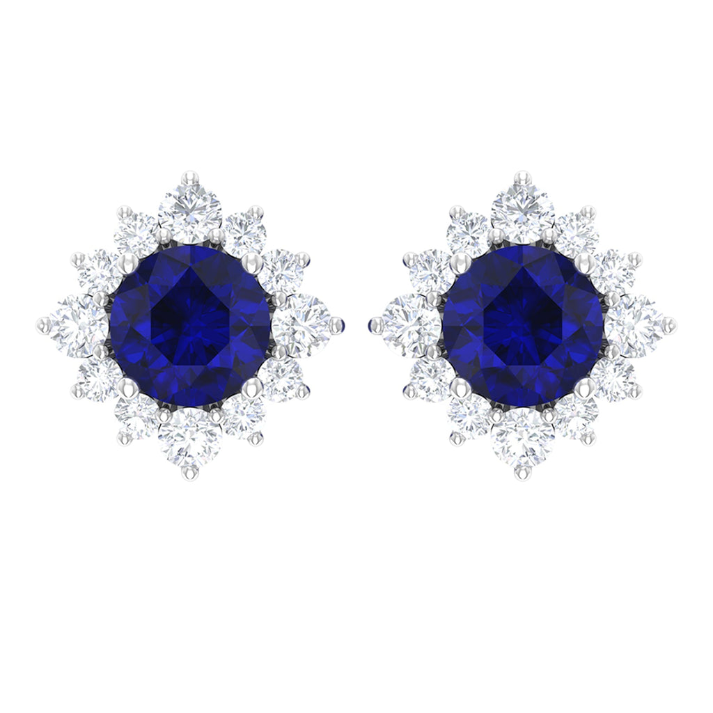 Genuine 0.8 Carat Blue Sapphire Stud Earrings with Diamond Halo