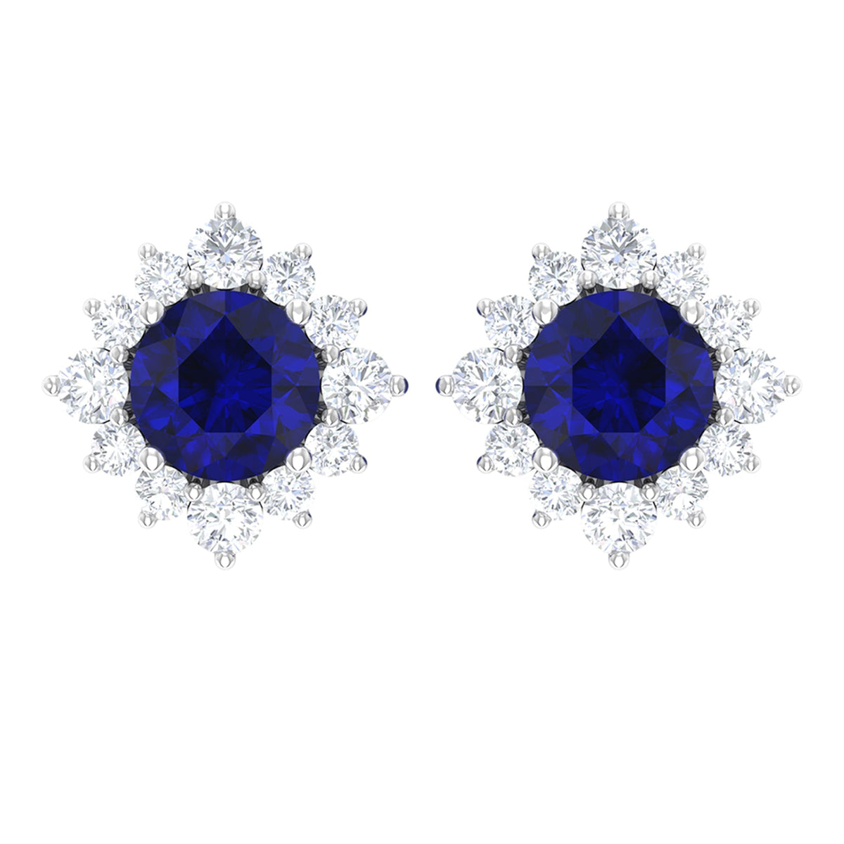 Genuine 0.8 Carat Blue Sapphire Stud Earrings with Diamond Halo